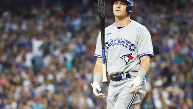 Toronto Blue Jays third baseman Matt Chapman (26) reacts after striking out (2022).